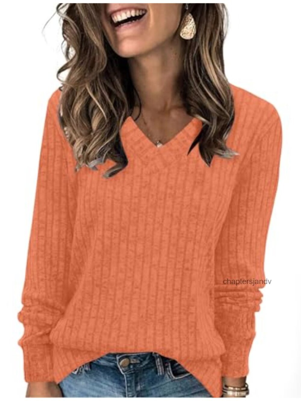 V-Neck Long Sleeve Tunic Sweater Lightweight Loose Fit Casual Top for Leggings